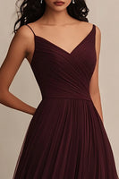 Load image into Gallery viewer, Burgundy Tulle Spaghetti Straps A Line Maxi Evening Dress