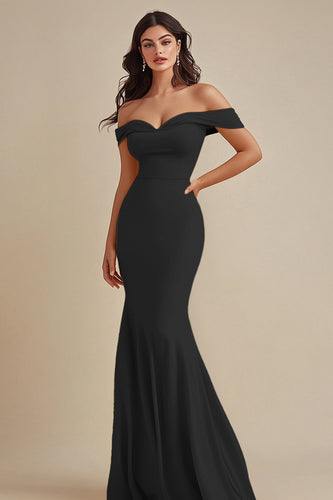 Black Off the Shoulder Satin Maxi Mermaid Evening Dress