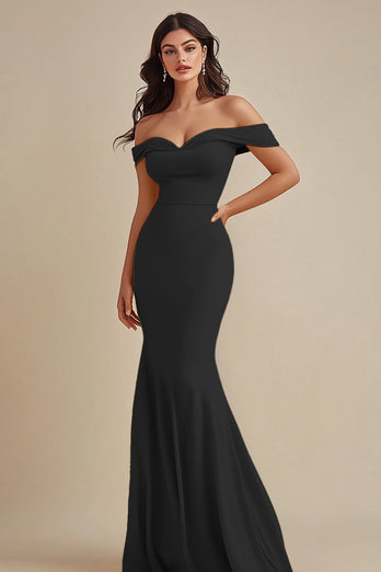 Black Off the Shoulder Satin Maxi Mermaid Evening Dress