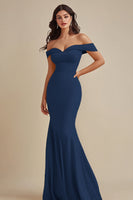 Load image into Gallery viewer, Black Off the Shoulder Satin Maxi Mermaid Evening Dress