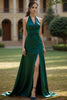Load image into Gallery viewer, Dark Green Satin A Line Halter Maxi Evening Dress with Slit