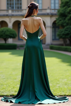 Dark Green Satin A Line Halter Maxi Evening Dress with Slit