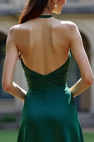Load image into Gallery viewer, Dark Green Satin A Line Halter Maxi Evening Dress with Slit