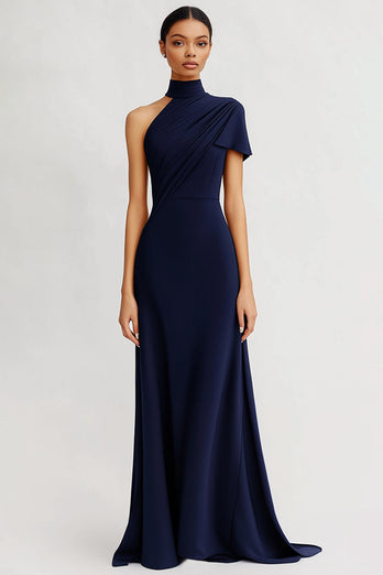 Navy Satin One Shoulder Sheath Maxi Evening Dress