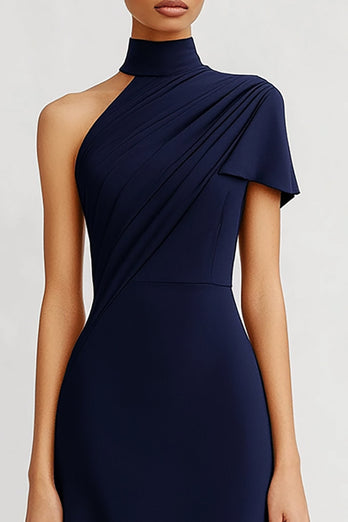 Navy Satin One Shoulder Sheath Maxi Evening Dress