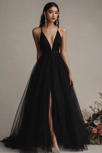 Black Spaghetti Straps A Line Maxi Tulle Evening Dress with Slit