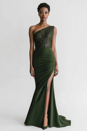 Sparkly Olive Satin Mermaid Maxi Evening Dress with Slit
