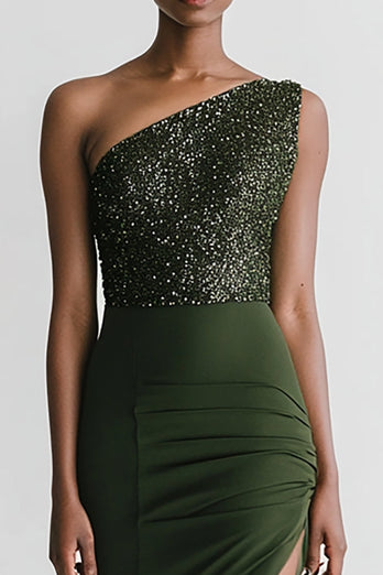 Sparkly Olive Satin Mermaid Maxi Evening Dress with Slit