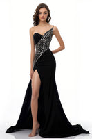 Load image into Gallery viewer, Sparkly Black One Shoulder Mermaid Satin Maxi Evening Dress with Slit
