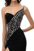Load image into Gallery viewer, Sparkly Black One Shoulder Mermaid Satin Maxi Evening Dress with Slit