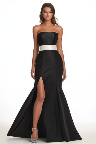 Black Satin Strapless Mermaid Maxi Evening Dress with Slit