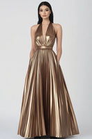 Load image into Gallery viewer, Gold Halter Pleated Metallic Maxi Evening Dress with Pockets