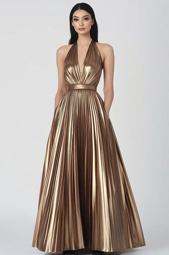 Gold Halter Pleated Metallic Maxi Evening Dress with Pockets