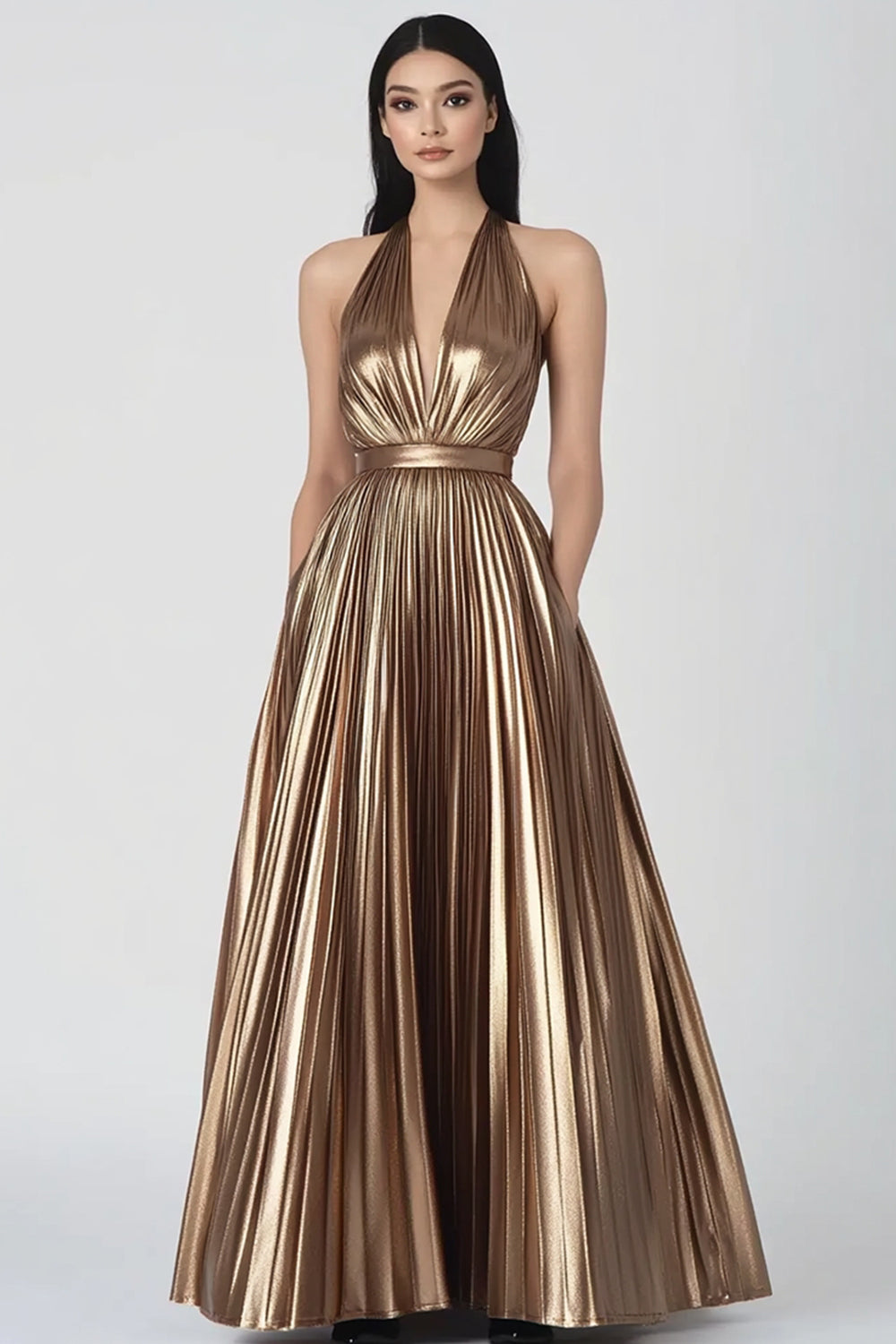 Gold Halter Pleated Metallic Maxi Evening Dress with Pockets