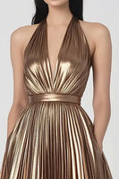 Load image into Gallery viewer, Gold Halter Pleated Metallic Maxi Evening Dress with Pockets