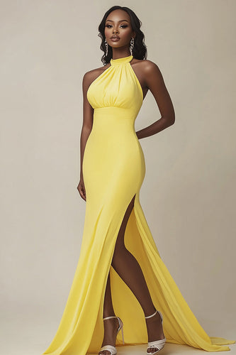 Yellow Satin Halter Maxi Mermaid Evening Dress with Slit