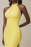 Load image into Gallery viewer, Yellow Satin Halter Maxi Mermaid Evening Dress with Slit
