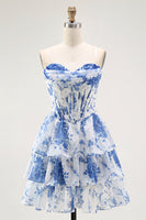 Load image into Gallery viewer, White Blue Floral A Line Short Corset Prom Dress with Ruffles