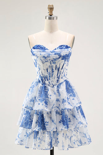 White Blue Floral A Line Short Corset Prom Dress with Ruffles