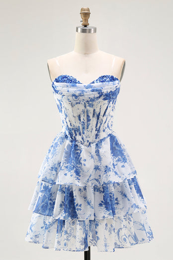 White Blue A Line Floral Short Corset Prom Dress with Ruffles