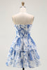 Load image into Gallery viewer, White Blue A Line Floral Short Corset Prom Dress with Ruffles