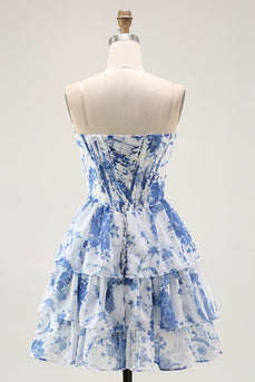 White Blue Floral A Line Short Corset Prom Dress with Ruffles