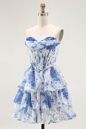 White Blue Floral A Line Short Corset Prom Dress with Ruffles