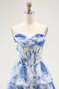 Load image into Gallery viewer, White Blue Floral A Line Short Corset Prom Dress with Ruffles