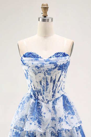 White Blue Floral A Line Short Corset Prom Dress with Ruffles