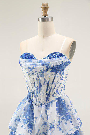 White Blue Floral A Line Short Corset Prom Dress with Ruffles