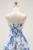 Load image into Gallery viewer, White Blue Floral A Line Short Corset Prom Dress with Ruffles