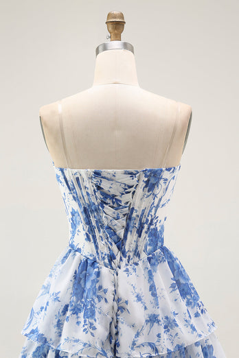White Blue Floral A Line Short Corset Prom Dress with Ruffles