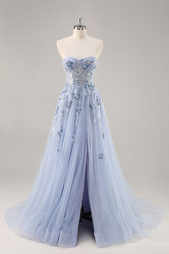 Sparkly Grey Pink Corset Sweetheart Long Prom Dress with Appliques