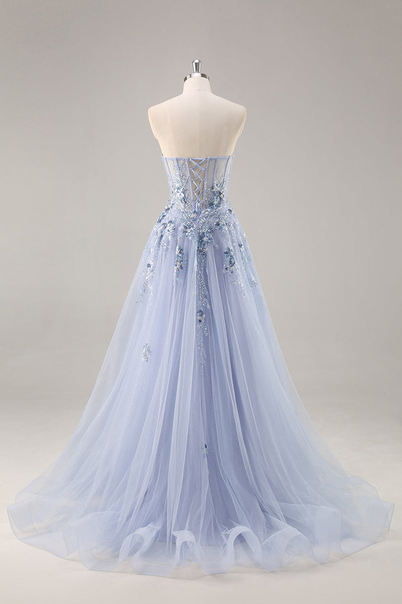Load image into Gallery viewer, Sparkly Grey Blue Corset Sweetheart Long Prom Dress with Appliques