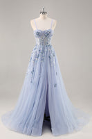 Load image into Gallery viewer, Sparkly Grey Blue Corset Sweetheart Long Prom Dress with Appliques