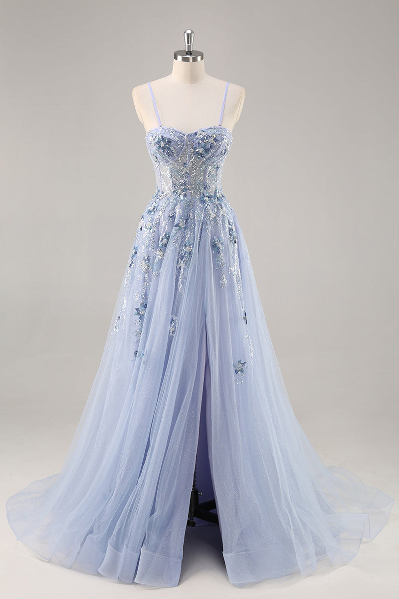 Load image into Gallery viewer, Sparkly Grey Blue Corset Sweetheart Long Prom Dress with Appliques