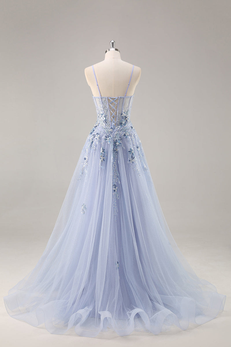 Load image into Gallery viewer, Sparkly Grey Blue Corset Sweetheart Long Prom Dress with Appliques