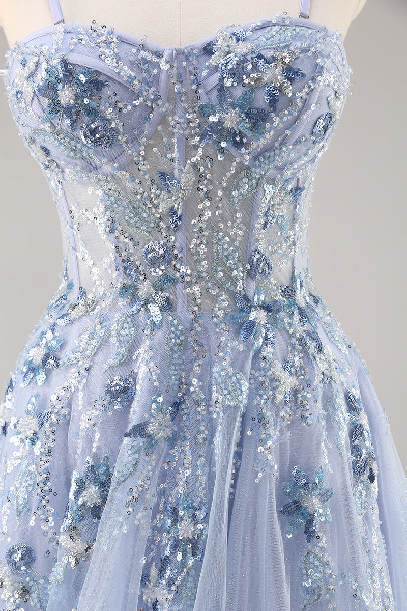 Load image into Gallery viewer, Sparkly Grey Blue Corset Sweetheart Long Prom Dress with Appliques