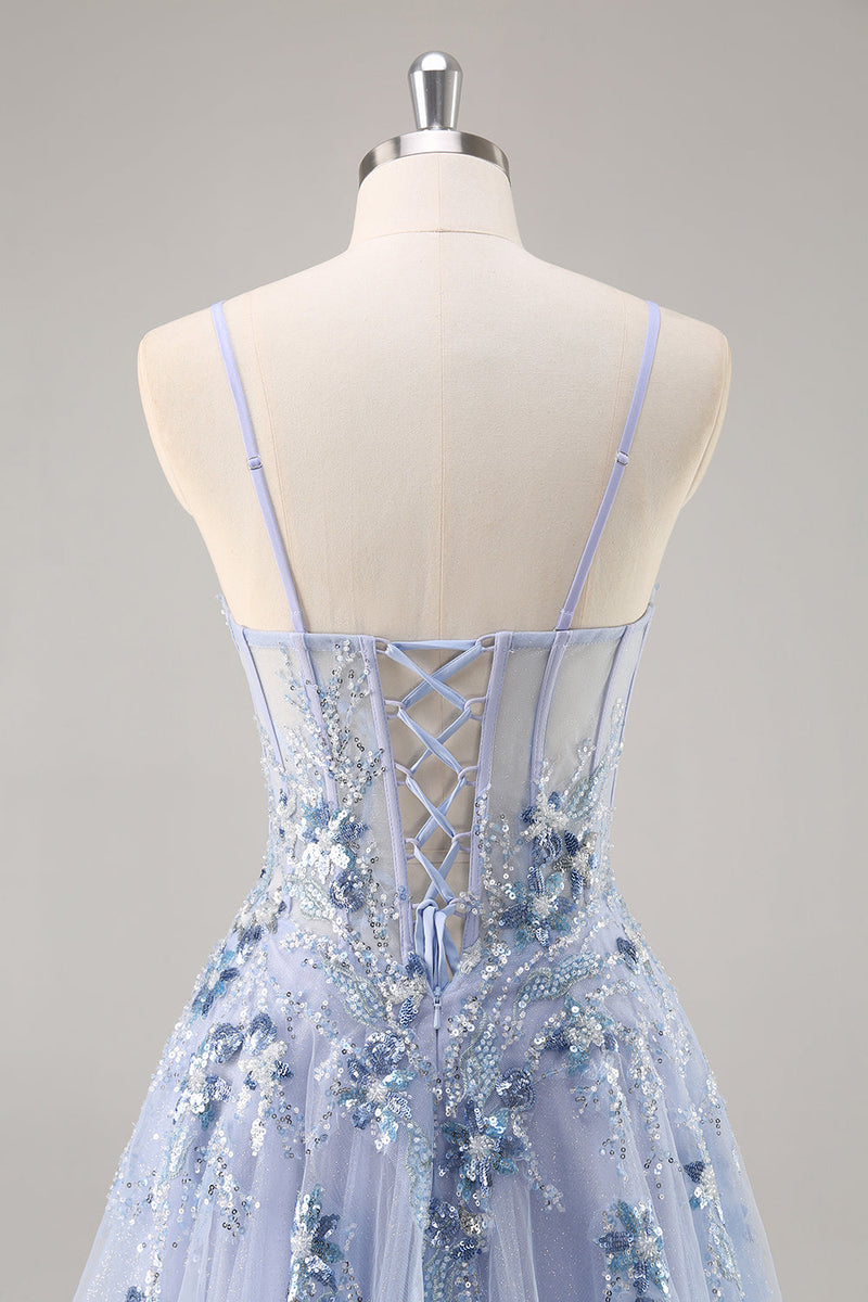Load image into Gallery viewer, Sparkly Grey Pink Corset Sweetheart Long Prom Dress with Appliques