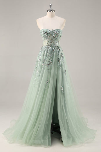 Sparkly Grey Pink Corset Sweetheart Long Prom Dress with Appliques