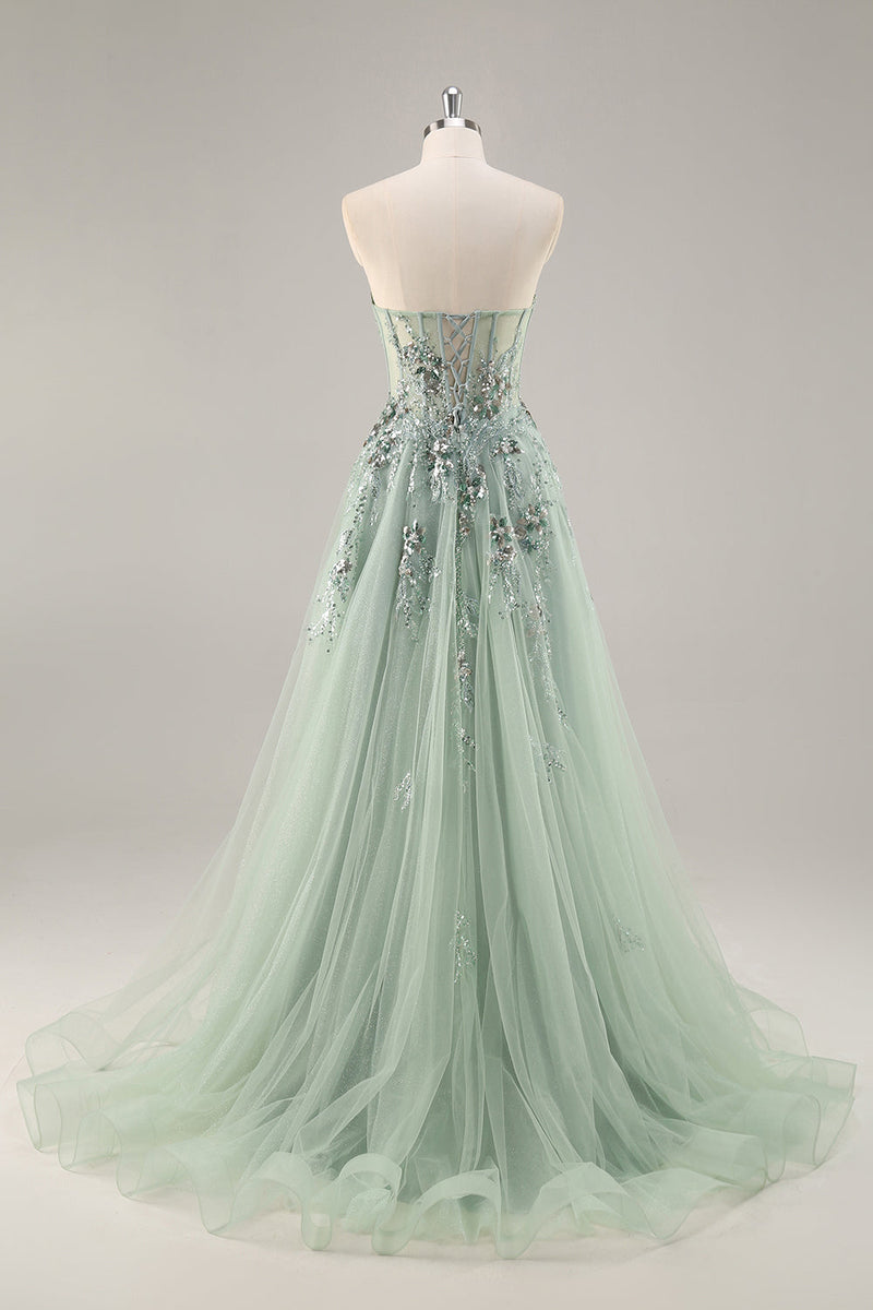 Load image into Gallery viewer, Sparkly Grey Blue Corset Sweetheart Long Prom Dress with Appliques