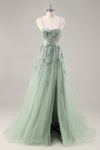 Sparkly Green Corset Sweetheart Long Prom Dress with Appliques
