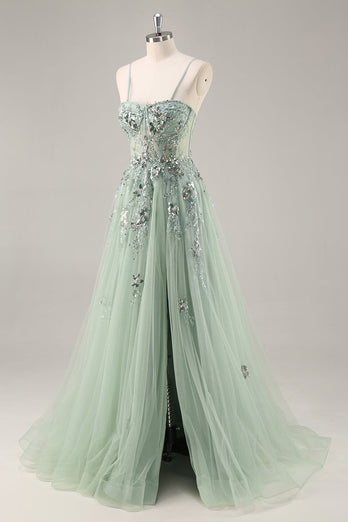 Sparkly Green Corset Sweetheart Long Prom Dress with Appliques