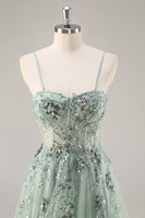 Load image into Gallery viewer, Sparkly Grey Pink Corset Sweetheart Long Prom Dress with Appliques
