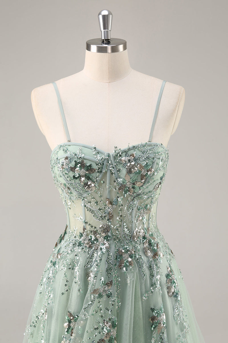 Load image into Gallery viewer, Sparkly Green Corset Sweetheart Long Prom Dress with Appliques