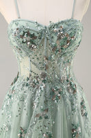 Load image into Gallery viewer, Sparkly Green Corset Sweetheart Long Prom Dress with Appliques