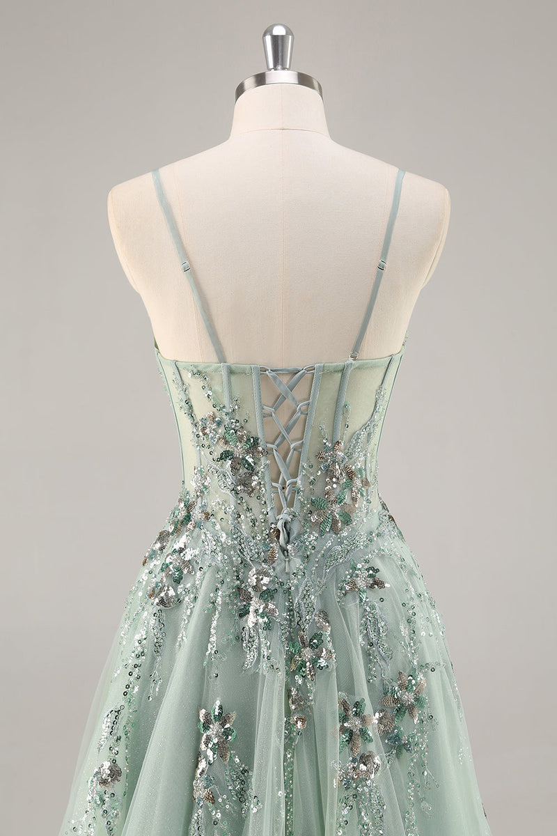 Load image into Gallery viewer, Sparkly Grey Blue Corset Sweetheart Long Prom Dress with Appliques