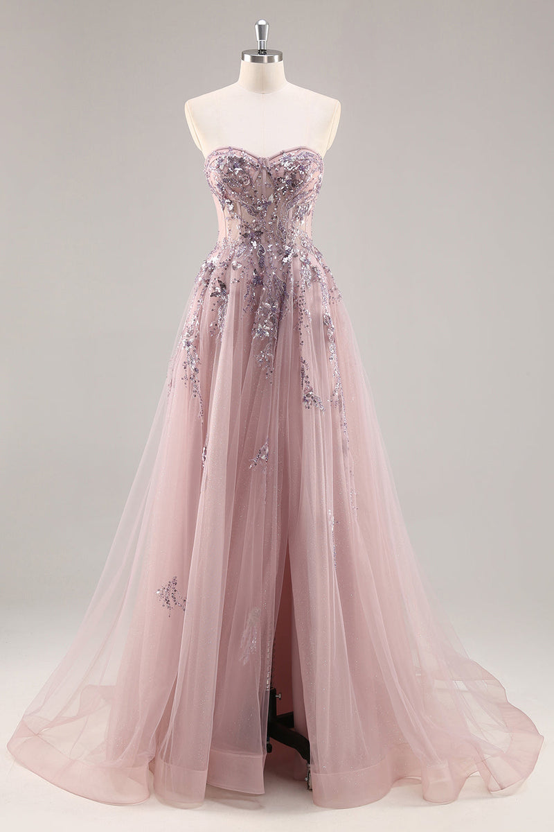 Load image into Gallery viewer, Sparkly Grey Pink Corset Sweetheart Long Prom Dress with Appliques