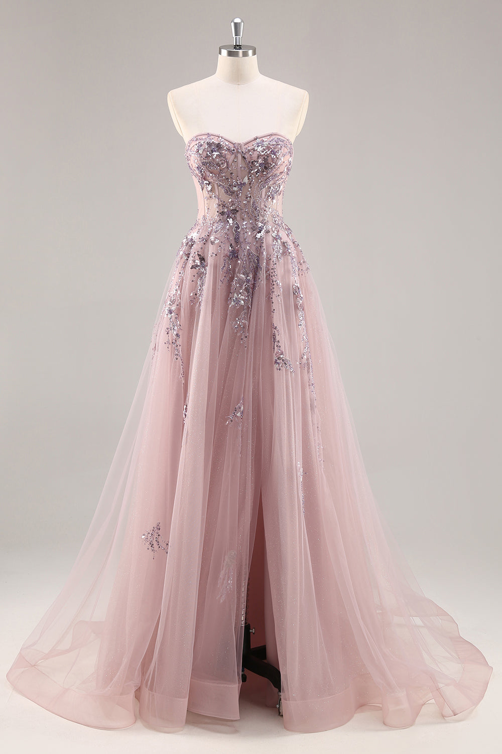 Sparkly Grey Pink Corset Sweetheart Long Prom Dress with Appliques