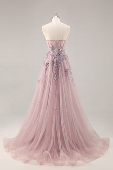 Sparkly Grey Pink Corset Sweetheart Long Prom Dress with Appliques